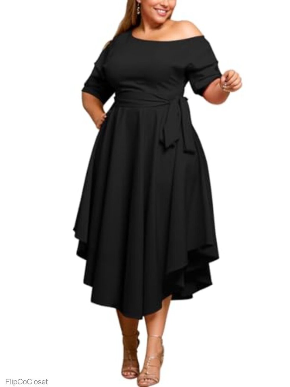 Plus Size Midi Dress Boat Neck Off Shoulder Hi Low Side Slit Cocktail Party